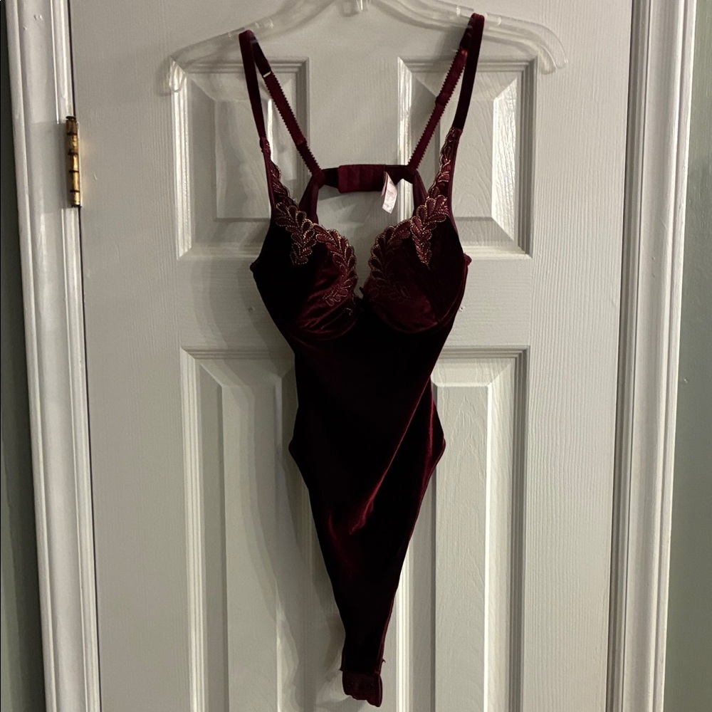 Victoria's Secret Burgundy Velvet Thong Bodysuit